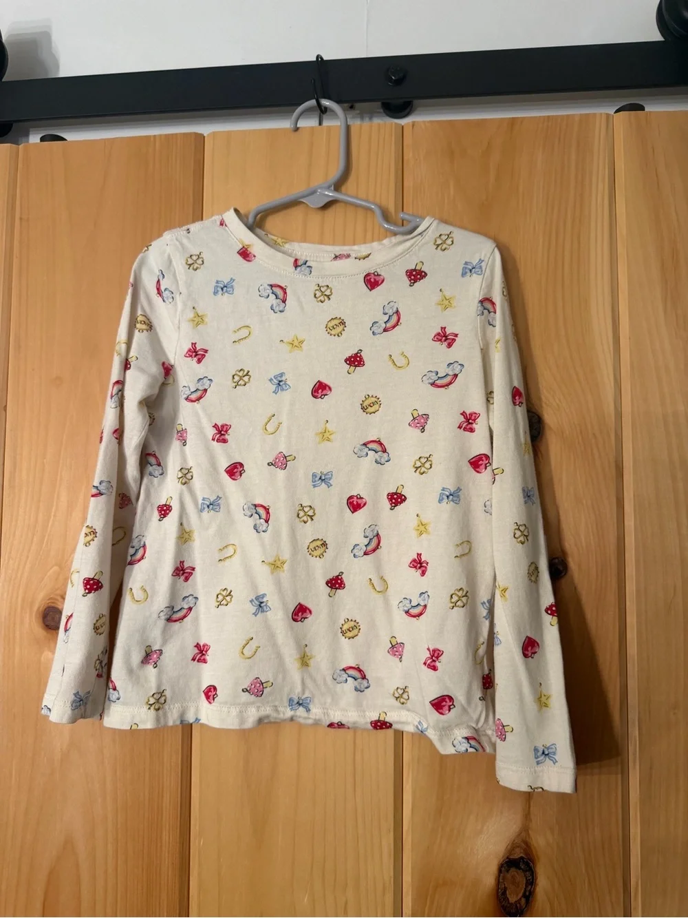 Old Navy Cream Long-Sleeve Tee with Small Red, Yellow & Blue Motifs
